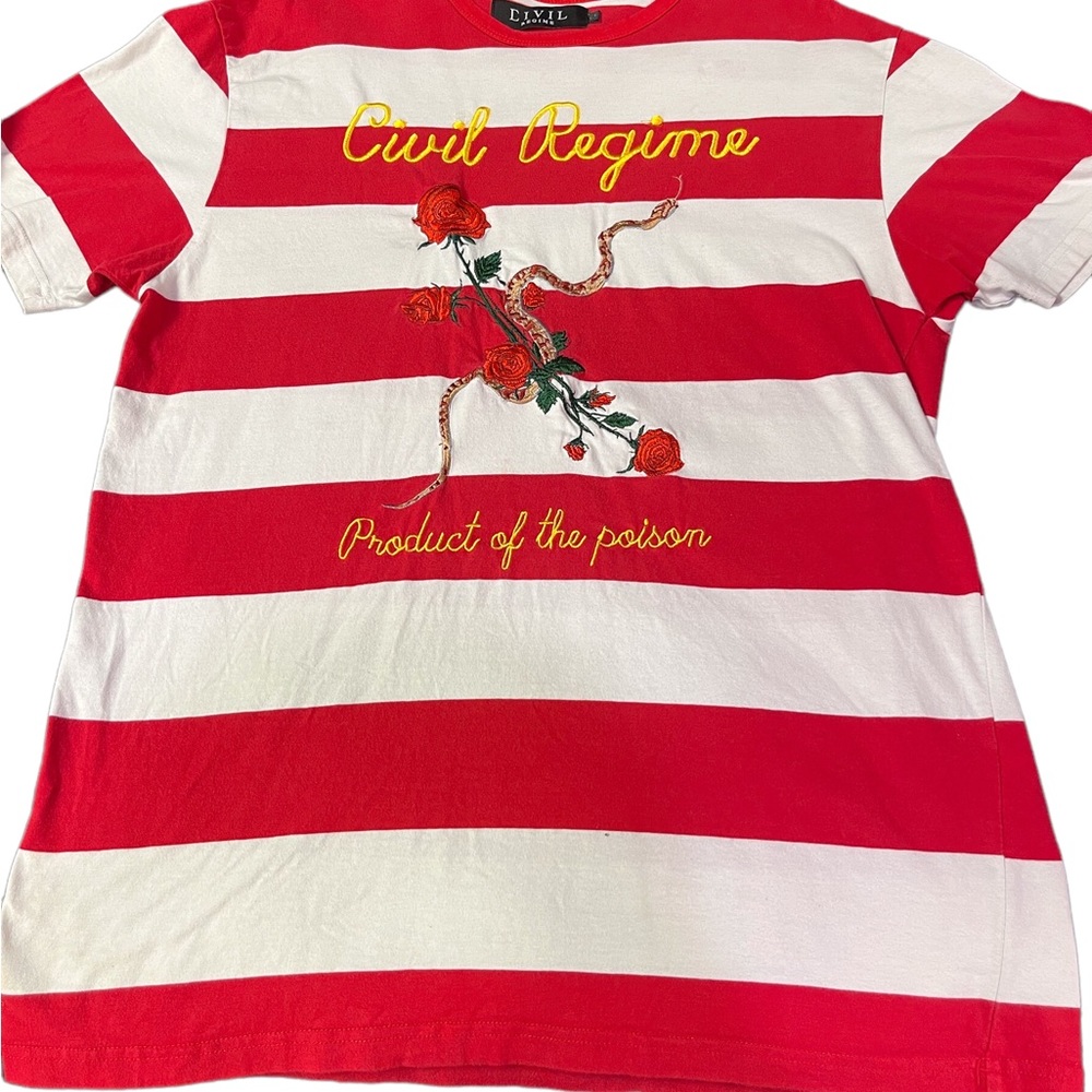 “PRODUCT OF THE POISON “ red & white, rose & snake embroidered t shirt.
